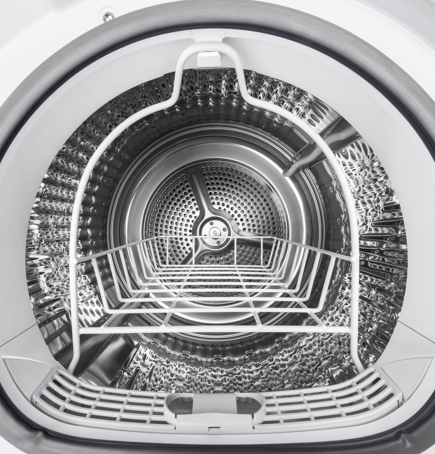 Stainless steel drum and basket inside a front-load vented electric dryer in dryers and appliances collection