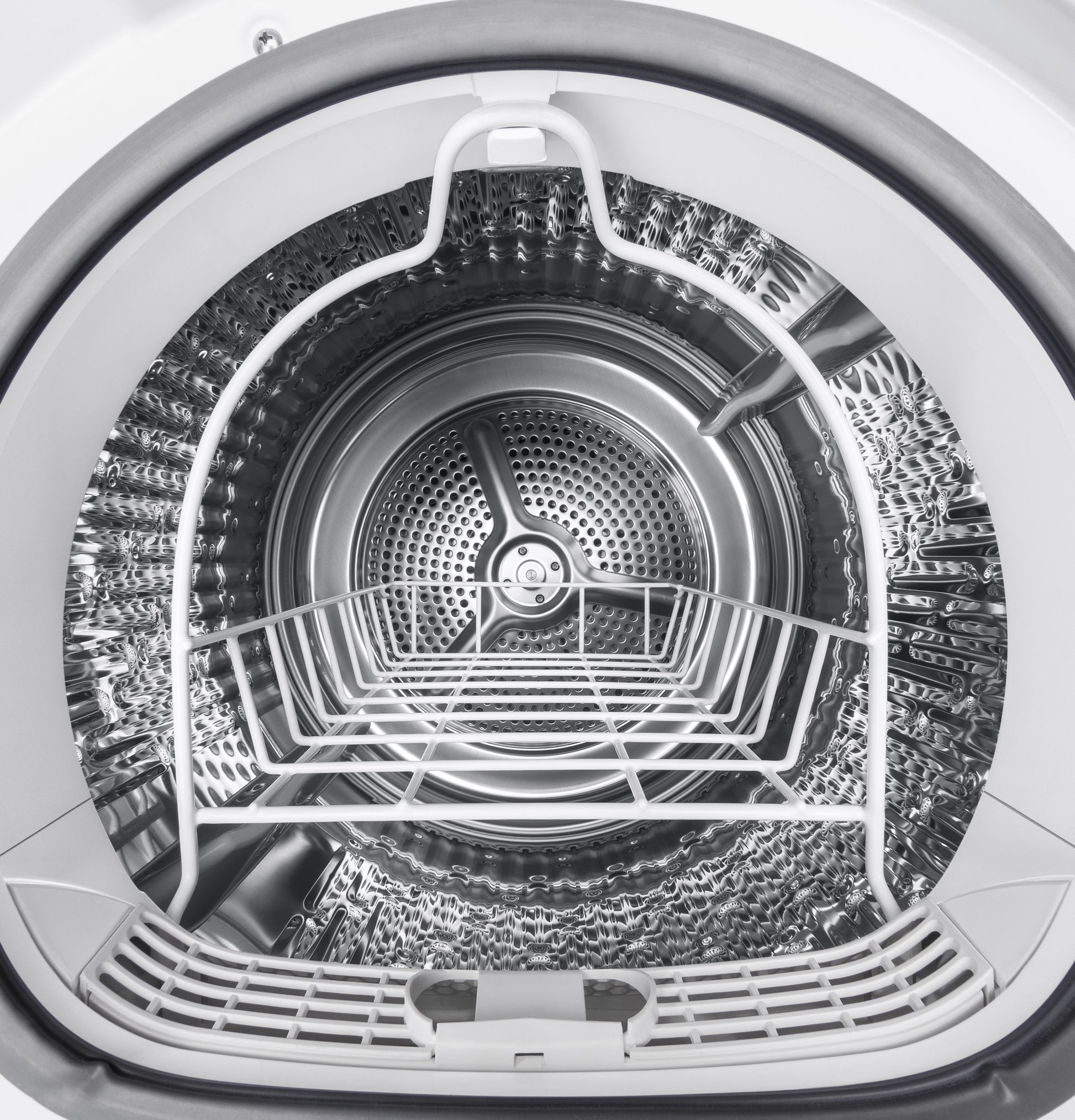 Stainless steel drum and basket inside a front-load vented electric dryer in dryers and appliances collection