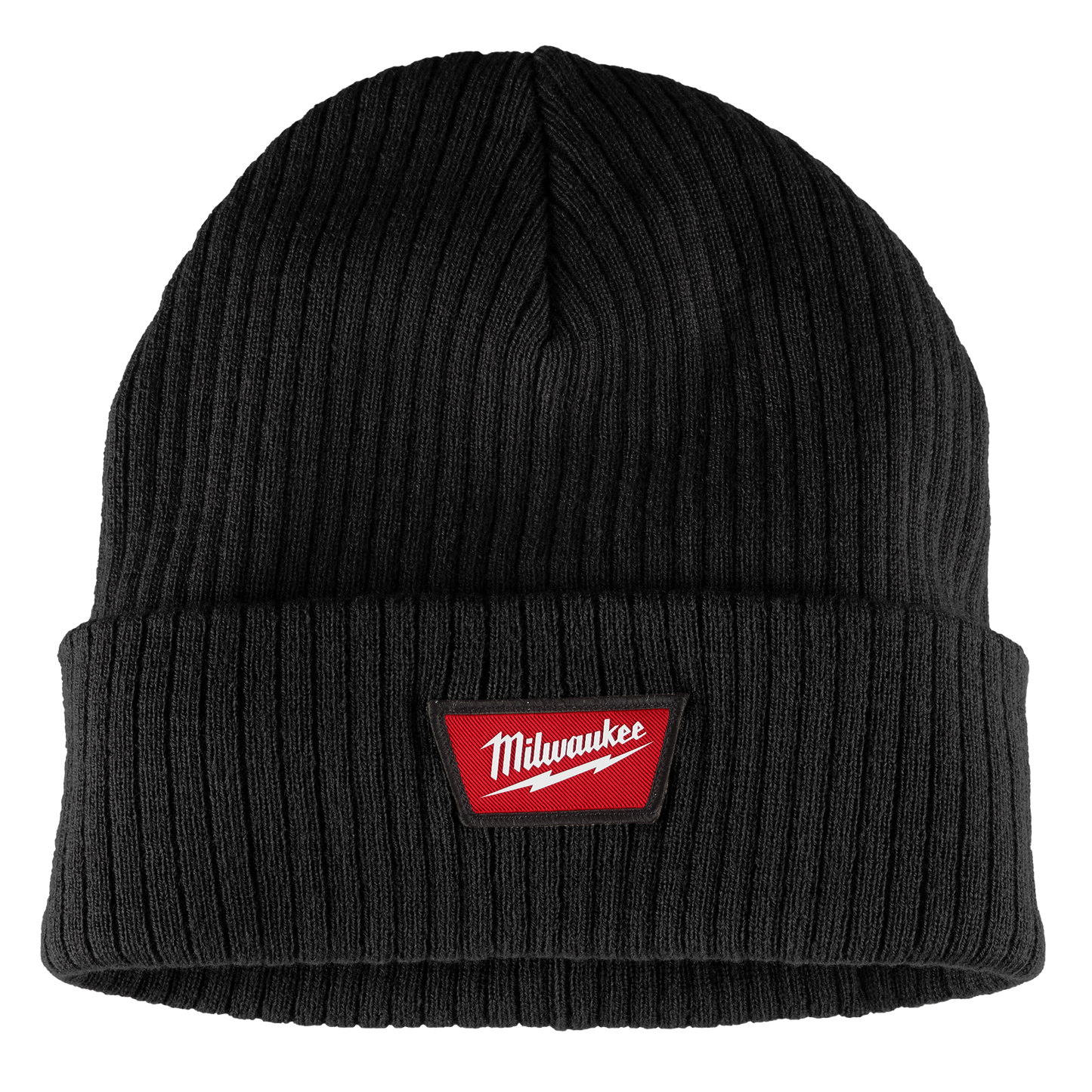 Black rib-knit cuffed beanie with red logo patch designed for comfort during tools and home improvement projects