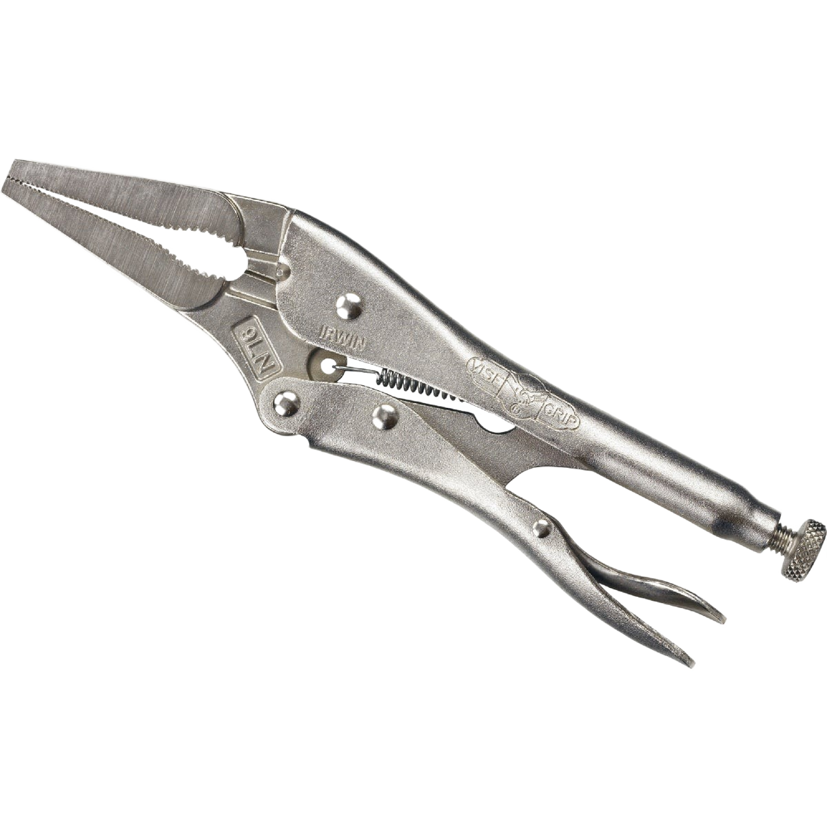 Silver locking pliers with long narrow jaws designed for gripping and clamping in tools and home improvement tasks