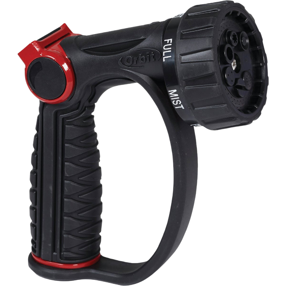 Black thumb control garden nozzle with adjustable spray patterns for watering and irrigation in lawn and garden projects