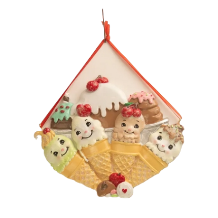 Ice cream cone family of four with smiling faces and festive toppings Christmas ornament under $50 collections