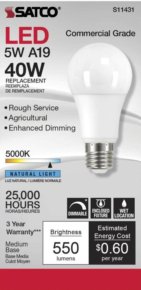 Commercial grade LED bulb with 5W power, 5000K natural light, dimmable, and suitable for wet locations and home improvement tasks