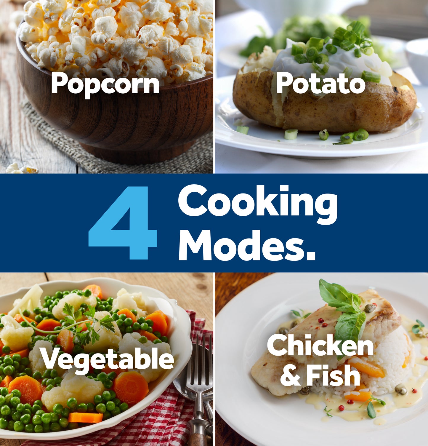 Four cooking mode options featuring popcorn, baked potato, steamed vegetables, and chicken with fish dishes for kitchen use.