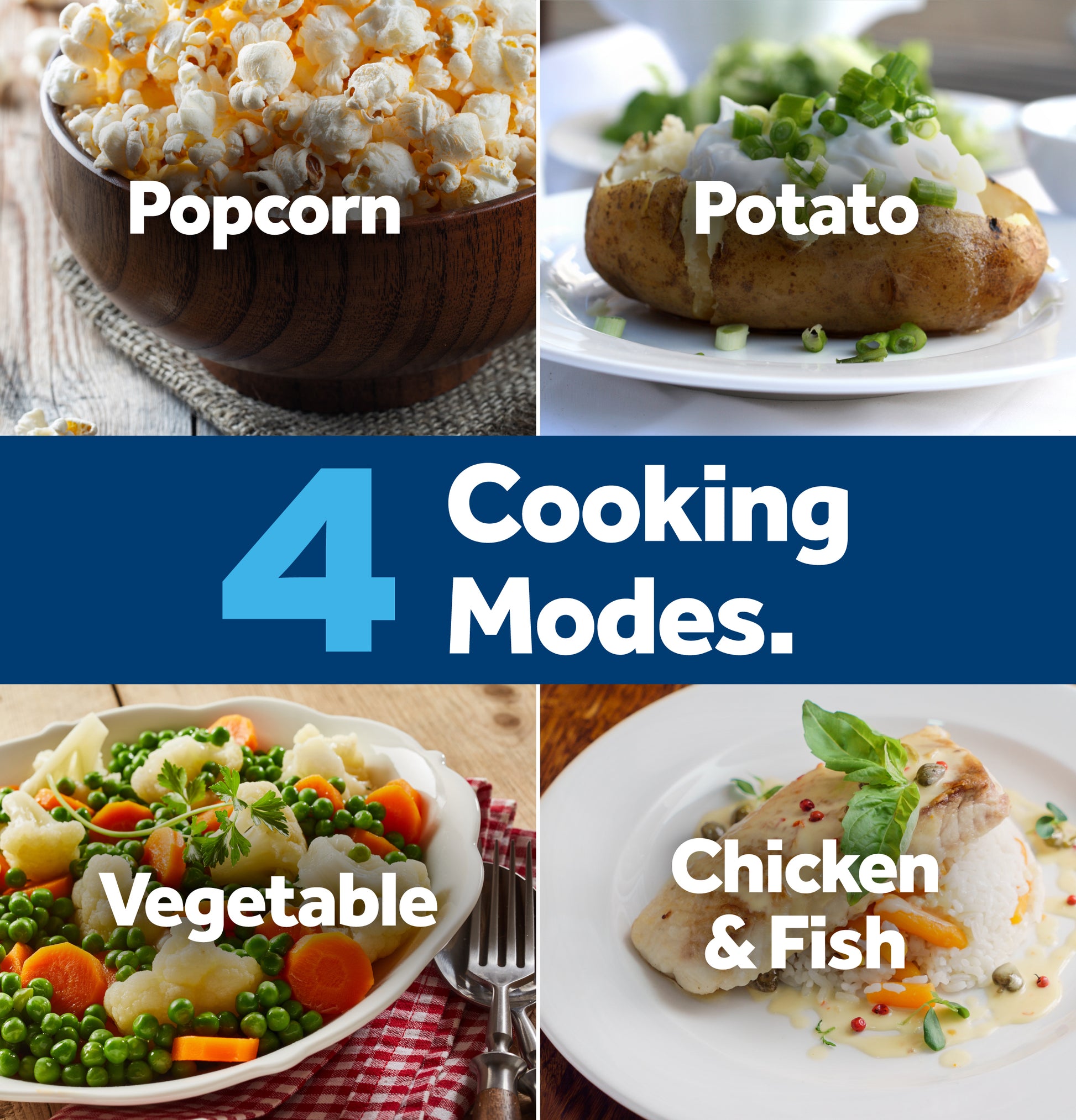 Four cooking mode options featuring popcorn, baked potato, steamed vegetables, and chicken with fish dishes for kitchen use.