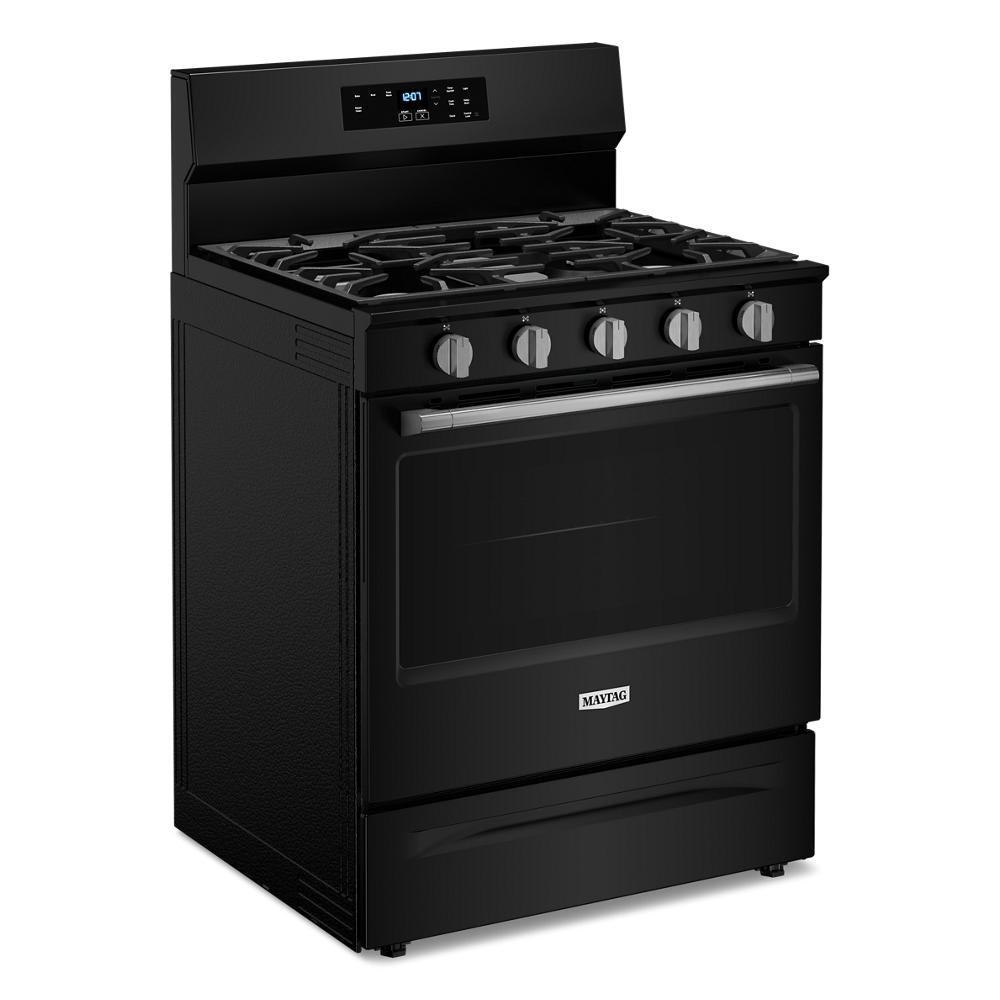 Black 30-inch wide gas range with five burners and digital controls for kitchen and home improvement collections