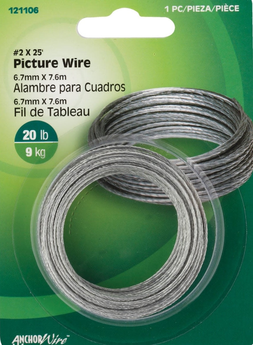 Coiled 25-foot picture wire with 20-pound weight capacity for hanging and home improvement tasks