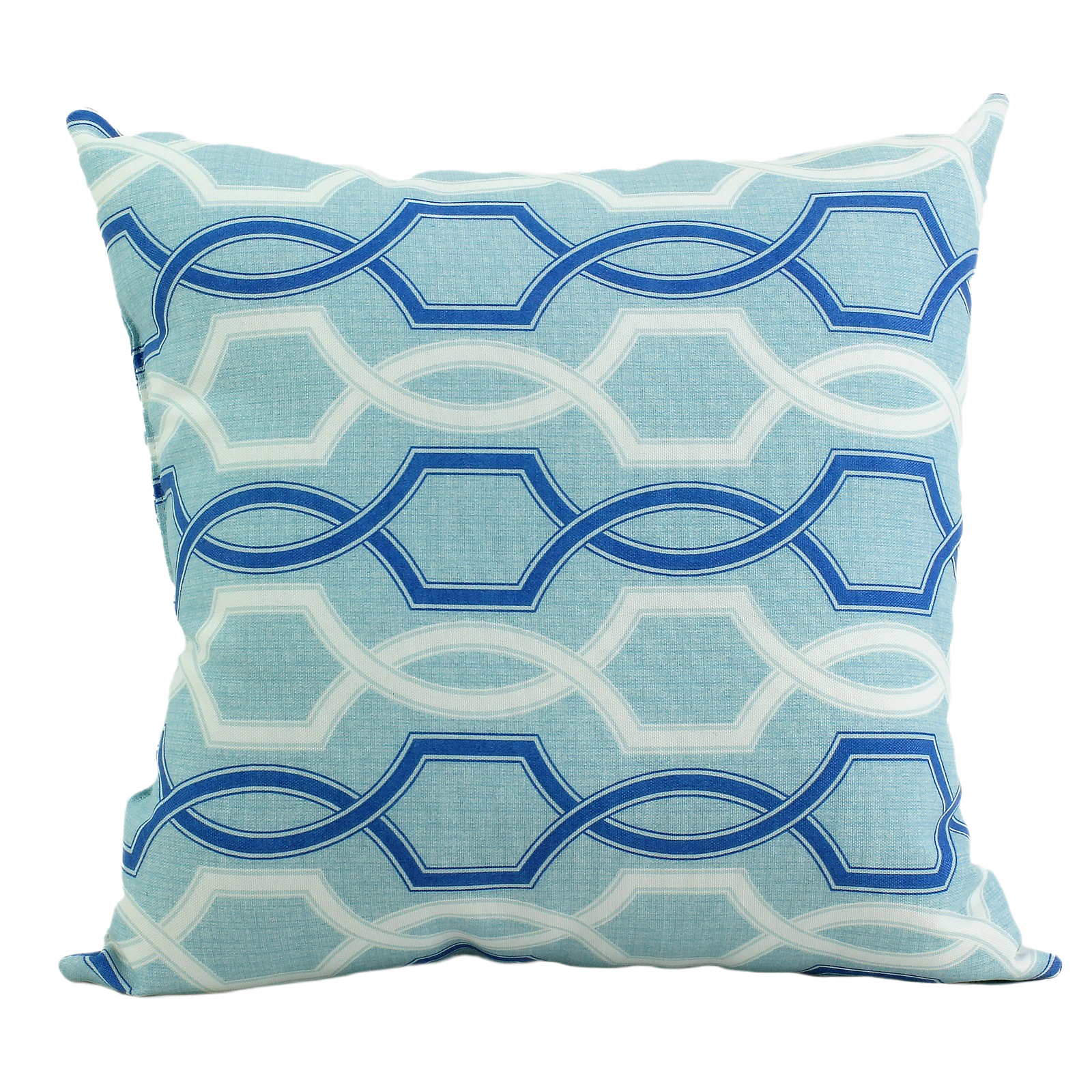 Blue and white patterned 15-inch square outdoor cushion for patio furniture and outdoor living collections under $50