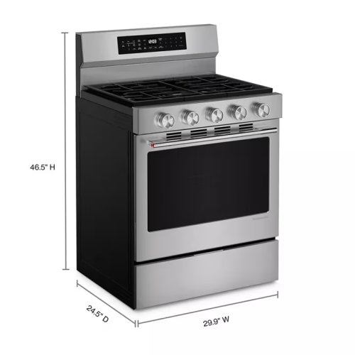 Stainless steel 30-inch smart freestanding gas range with convection cooking, digital control panel, and five knobs, part of KitchenAid Appliances and Ranges collections.