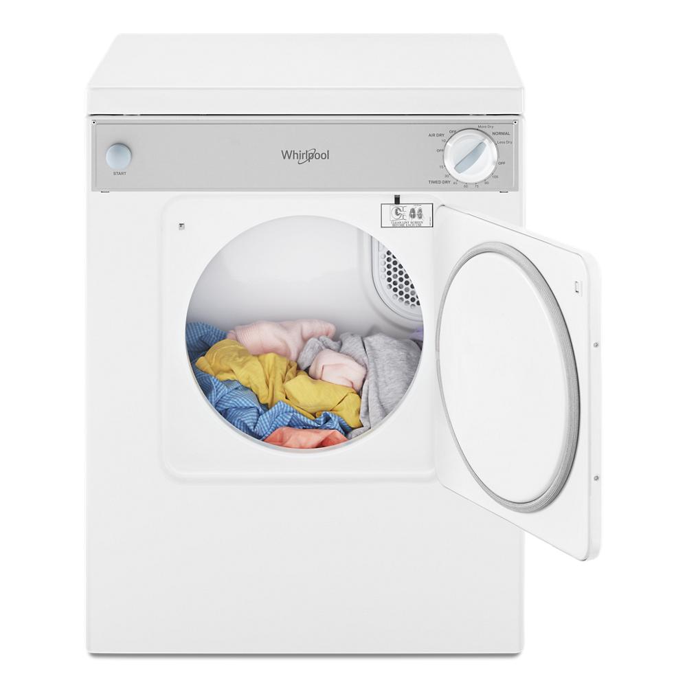 White compact front load dryer with open door showing colorful clothes inside, suitable for small spaces and appliance collections
