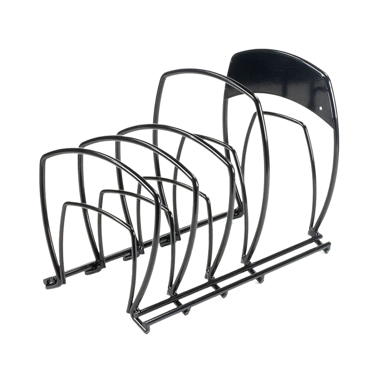 Black metal cookware organizer rack with five tiers for kitchen storage and kitchenware organization