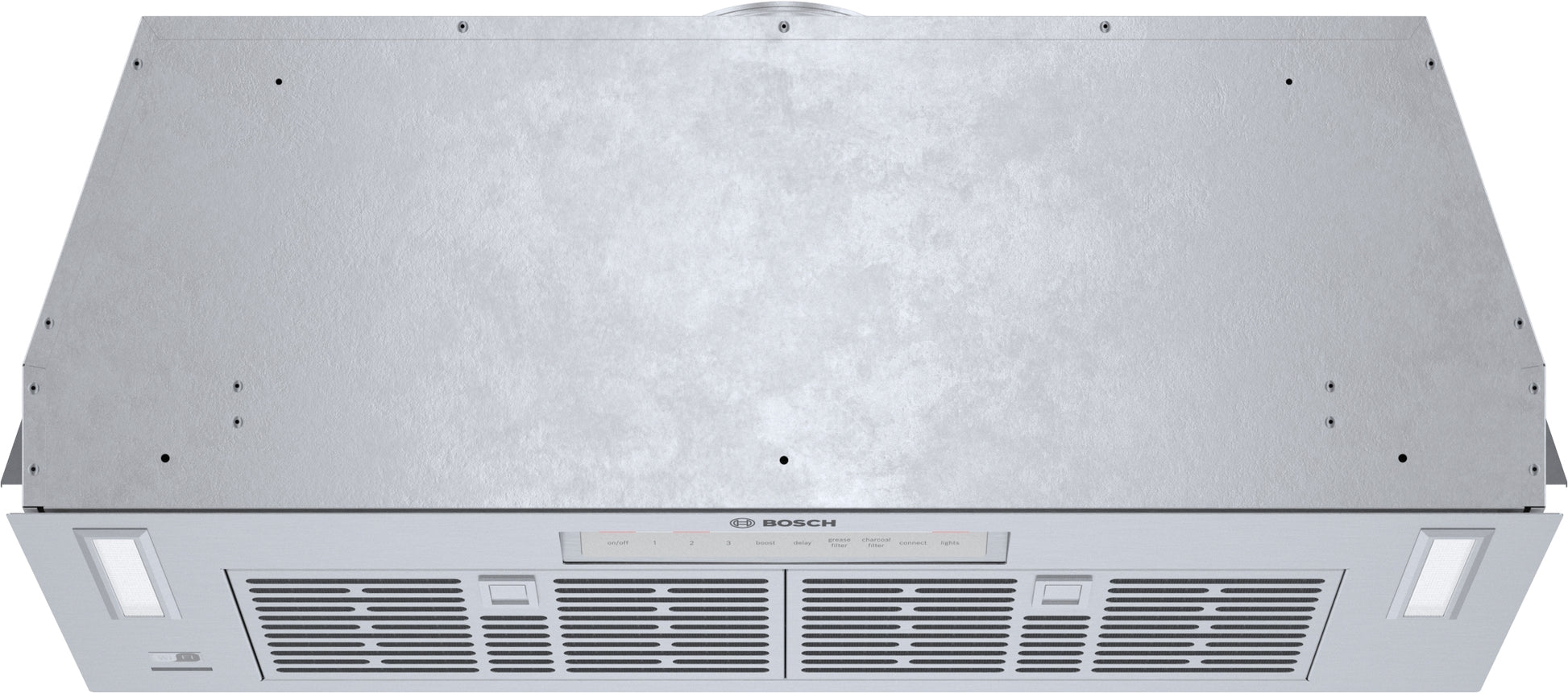 Stainless steel custom insert for over the range hoods with mesh filters and integrated lighting from Bosch appliances collection