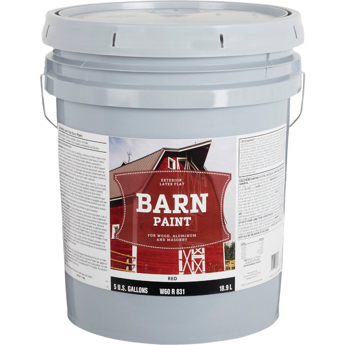 5 gallon bucket of red latex flat barn paint for exterior wood, aluminum, and masonry in home improvement collections
