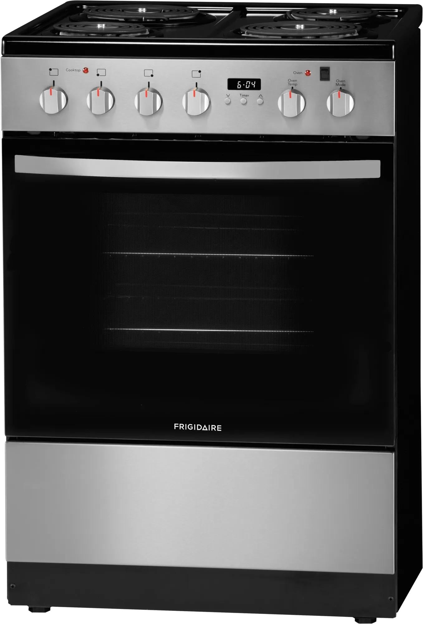 24-inch freestanding electric range with coil burners, digital clock, and storage drawer from kitchen appliances collection