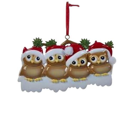 Resin ornament of four owls wearing Santa hats perched on snowy base for Christmas decor under $50 collection