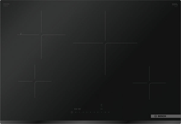 Sleek black 30-inch induction cooktop with four cooking zones and touch controls from Bosch appliances collection