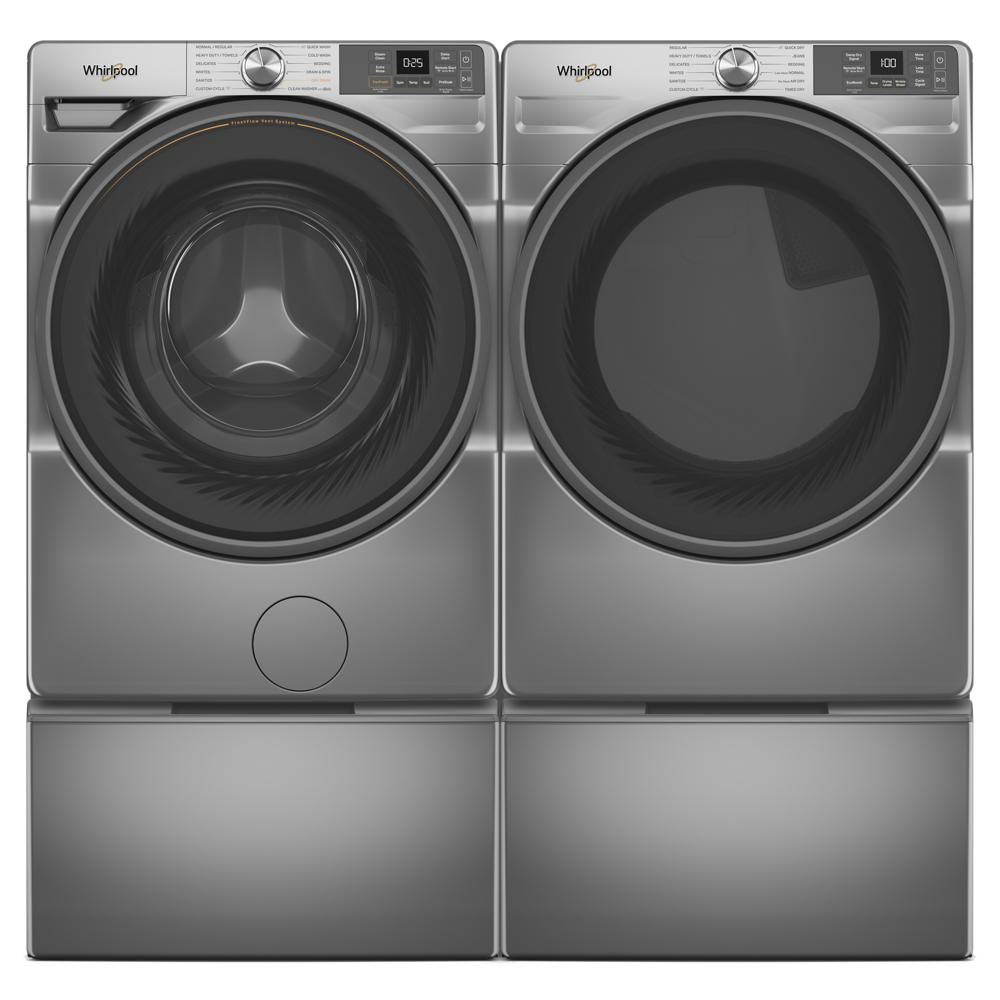 Pair of metallic front load washer and dryer with digital controls and storage pedestals for laundry accessories and supplies