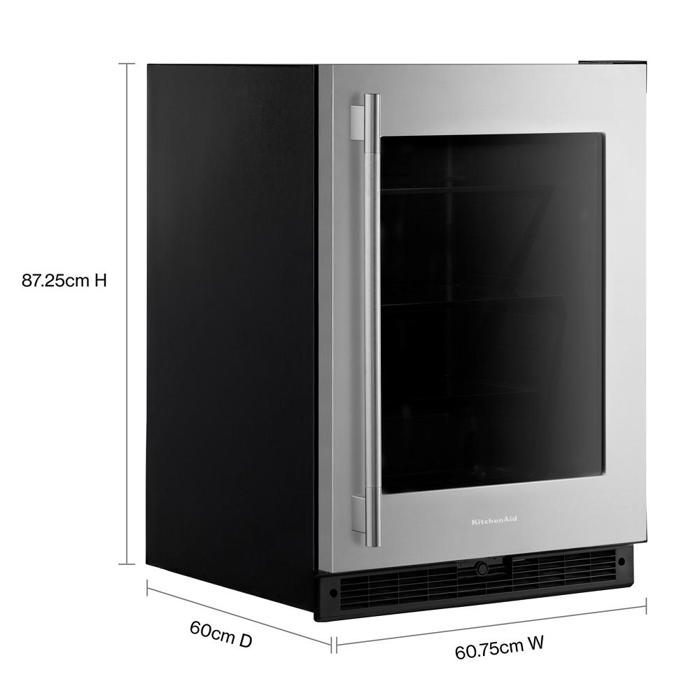 Compact undercounter refrigerator with stainless steel frame, glass door, and ventilation vent for kitchen appliance collections
