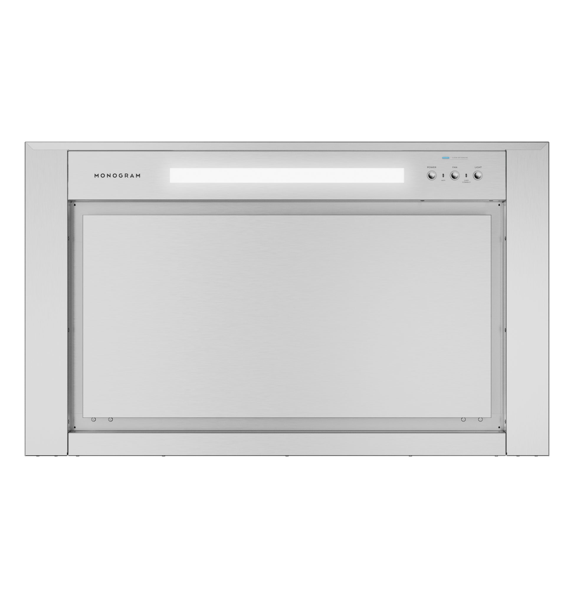 Under-cabinet stainless steel range hood with LED light and manual controls in kitchen appliances and wall mounted range hoods collections