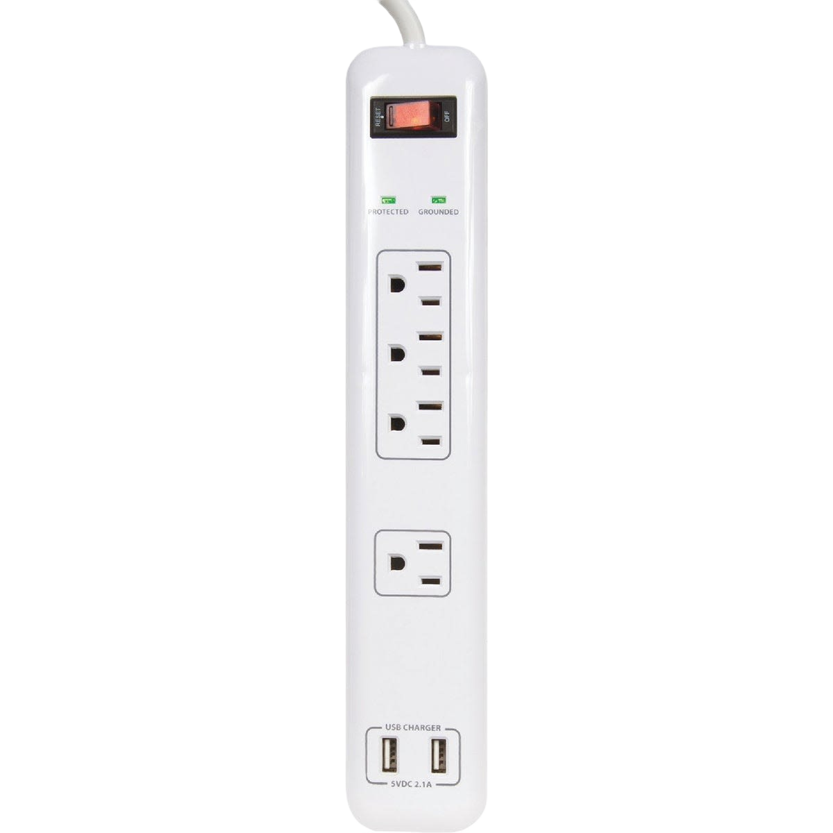 White surge protector strip with four outlets, two USB ports, power switch, and indicator lights for home improvement tools under $50