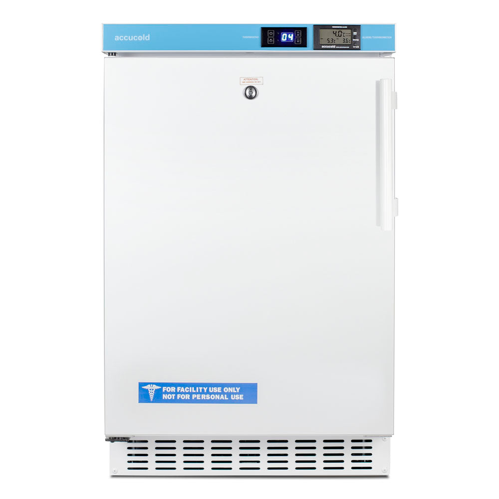 white built-in pharmacy refrigerator with digital display and lock for medical and home improvement use