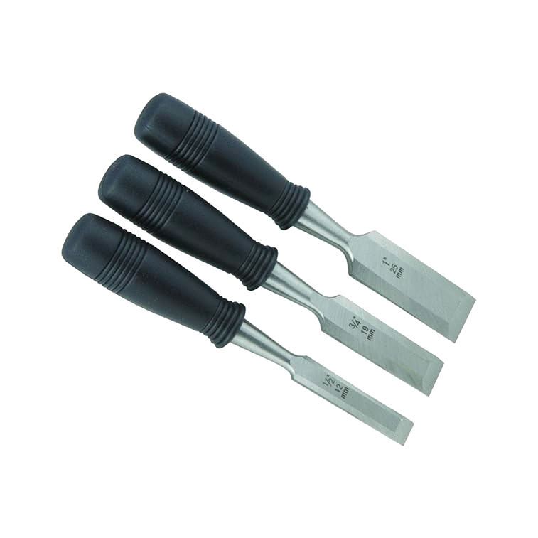 Set of three wood chisels with high-impact plastic handles and sharp hardened steel blades for woodworking tools under $50