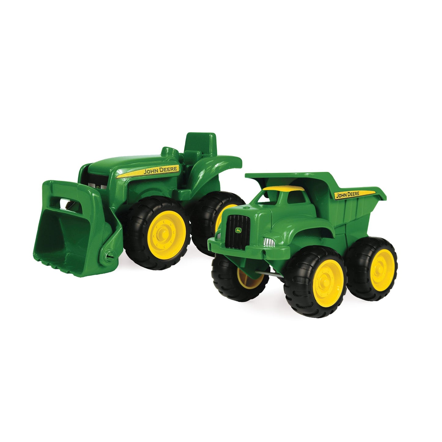 Two green and yellow toy construction vehicles for sandbox play, designed with durable plastic and large wheels