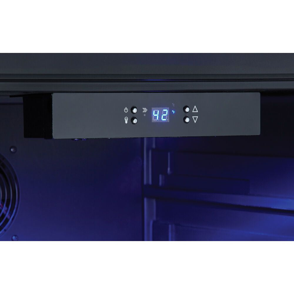 Close-up of digital temperature control panel with blue LED display inside single-zone wine cellar in kitchen appliances collection