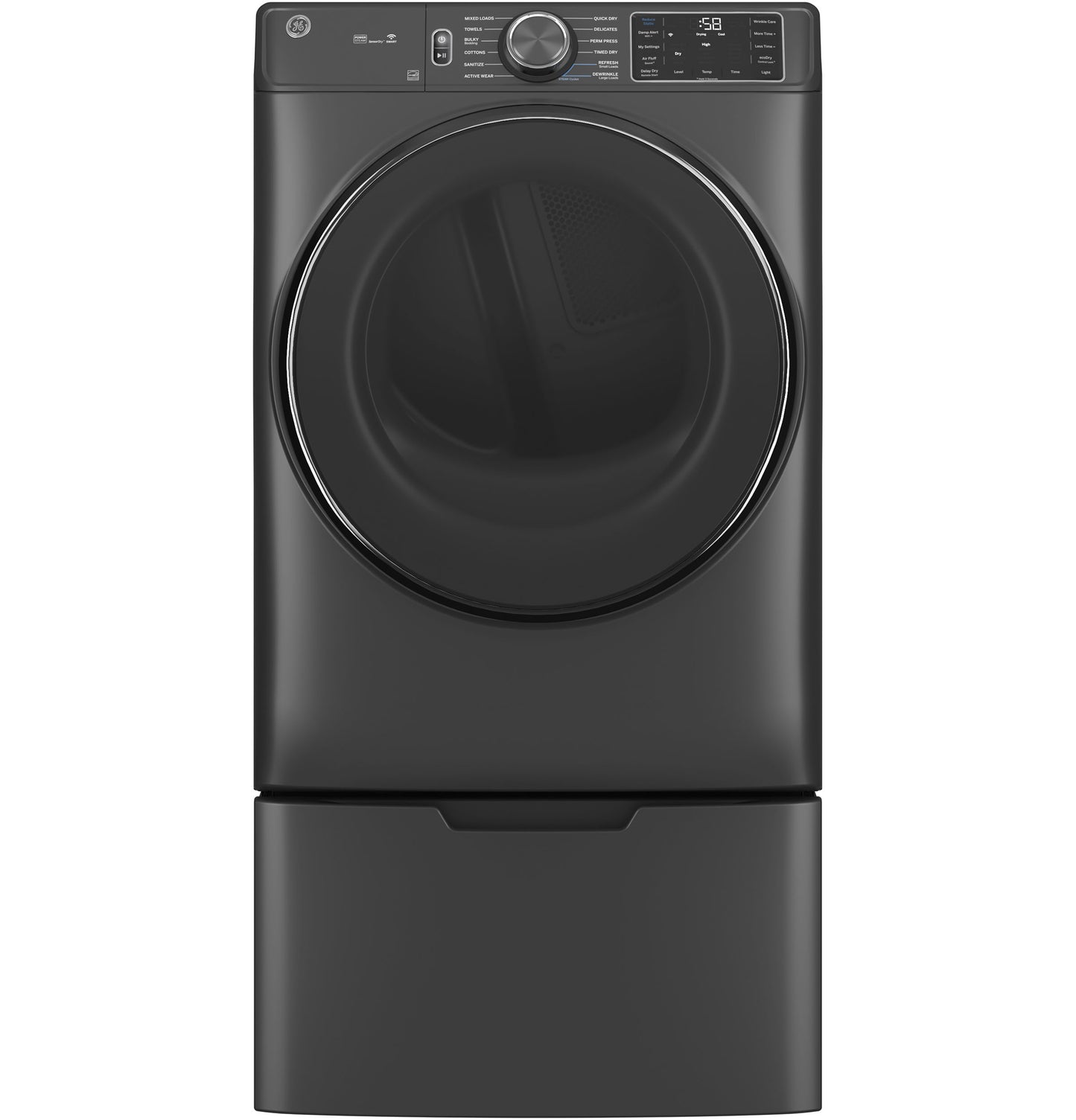 Sleek black front load electric dryer with large circular door, digital controls, and pedestal storage drawer in appliances collection