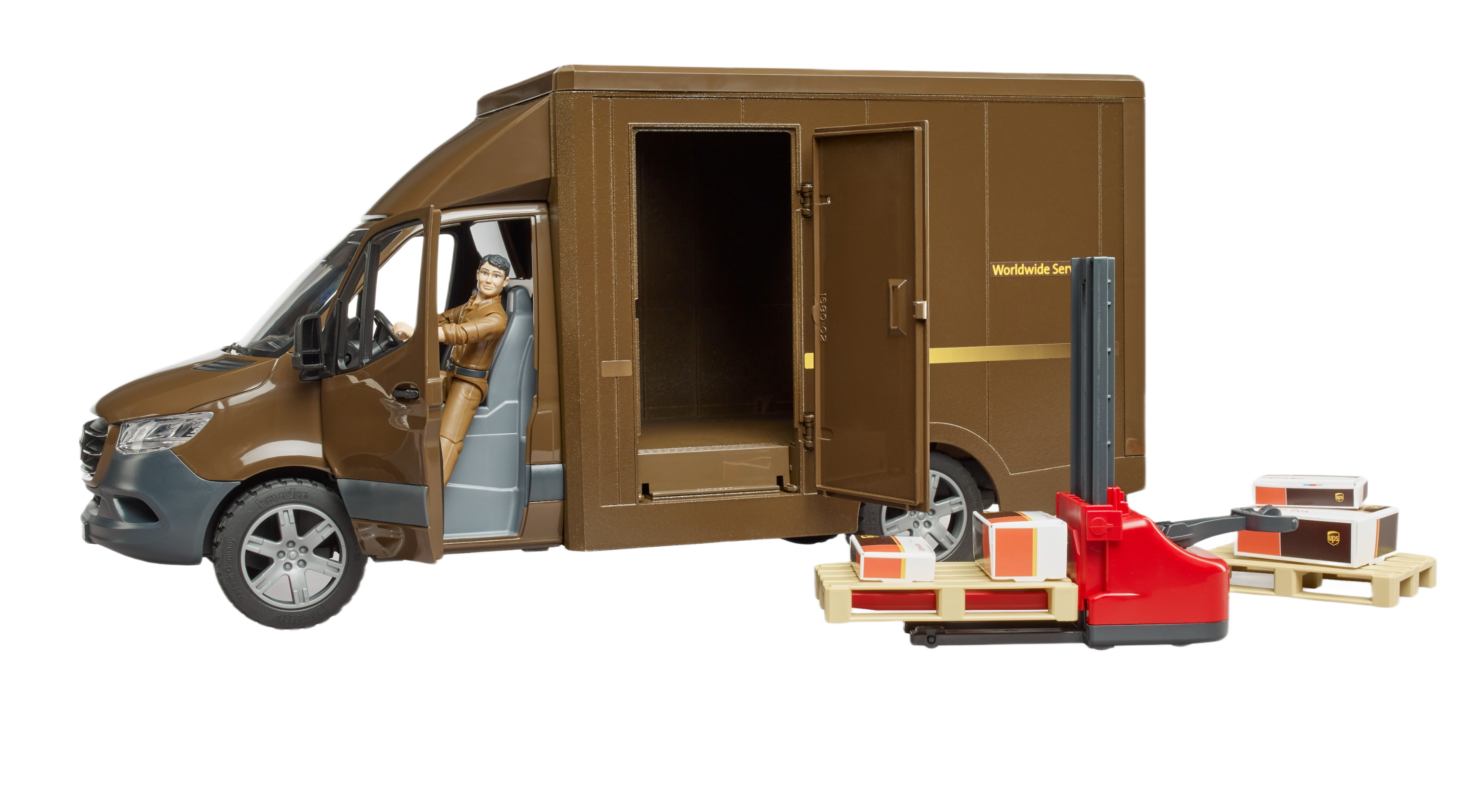 Detailed brown model delivery van with driver figure, pallet jack, and packages from Bruder Toys vehicle collection under $100