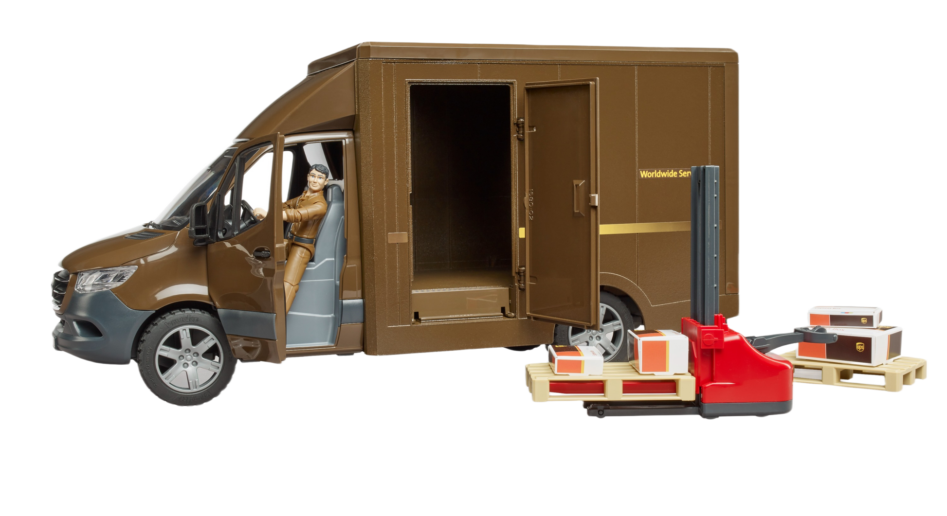 Detailed brown model delivery van with driver figure, pallet jack, and packages from Bruder Toys vehicle collection under $100