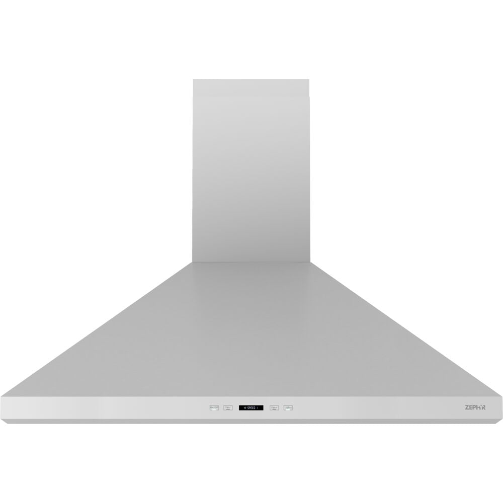 Stainless steel wall-mounted range hood with LED lighting and advanced airflow control in kitchen appliances collection