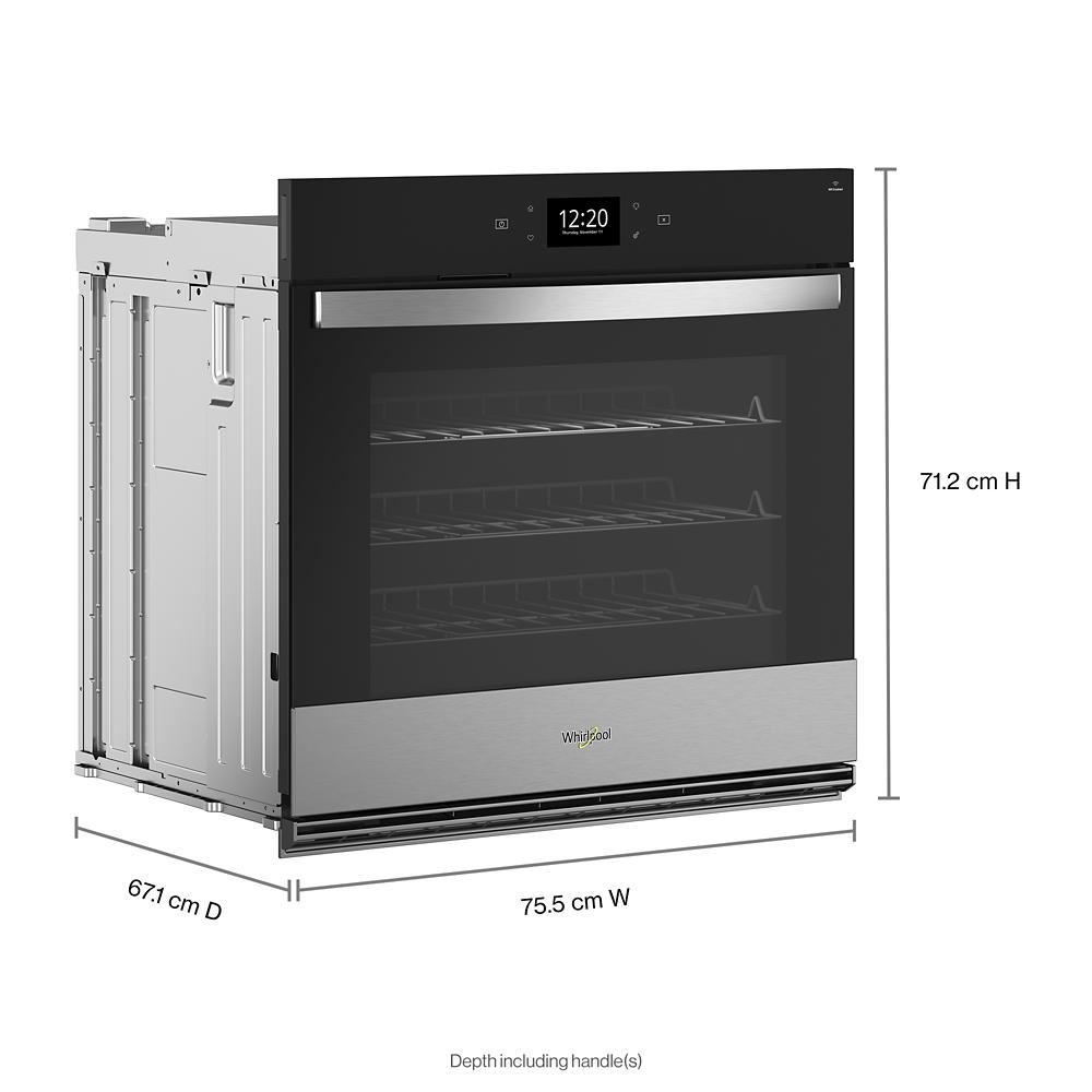 Modern stainless steel single wall oven with digital display and dimensions for kitchen installation in Appliances collection