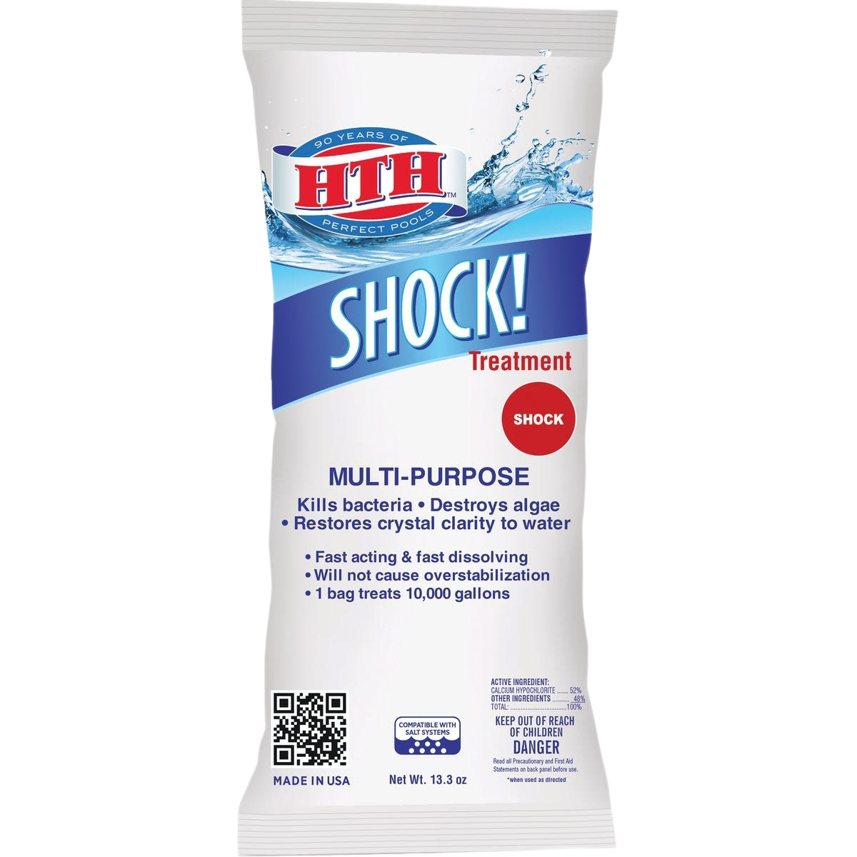 White and blue packet of HTH shock granules for pool water treatment and algae removal
