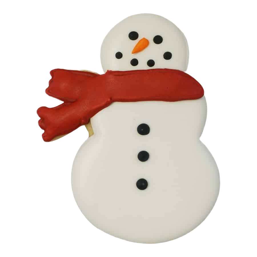 Snowman-shaped cookie decorated with white icing and a red scarf, ideal for bakeware and kitchen gadgets under $50