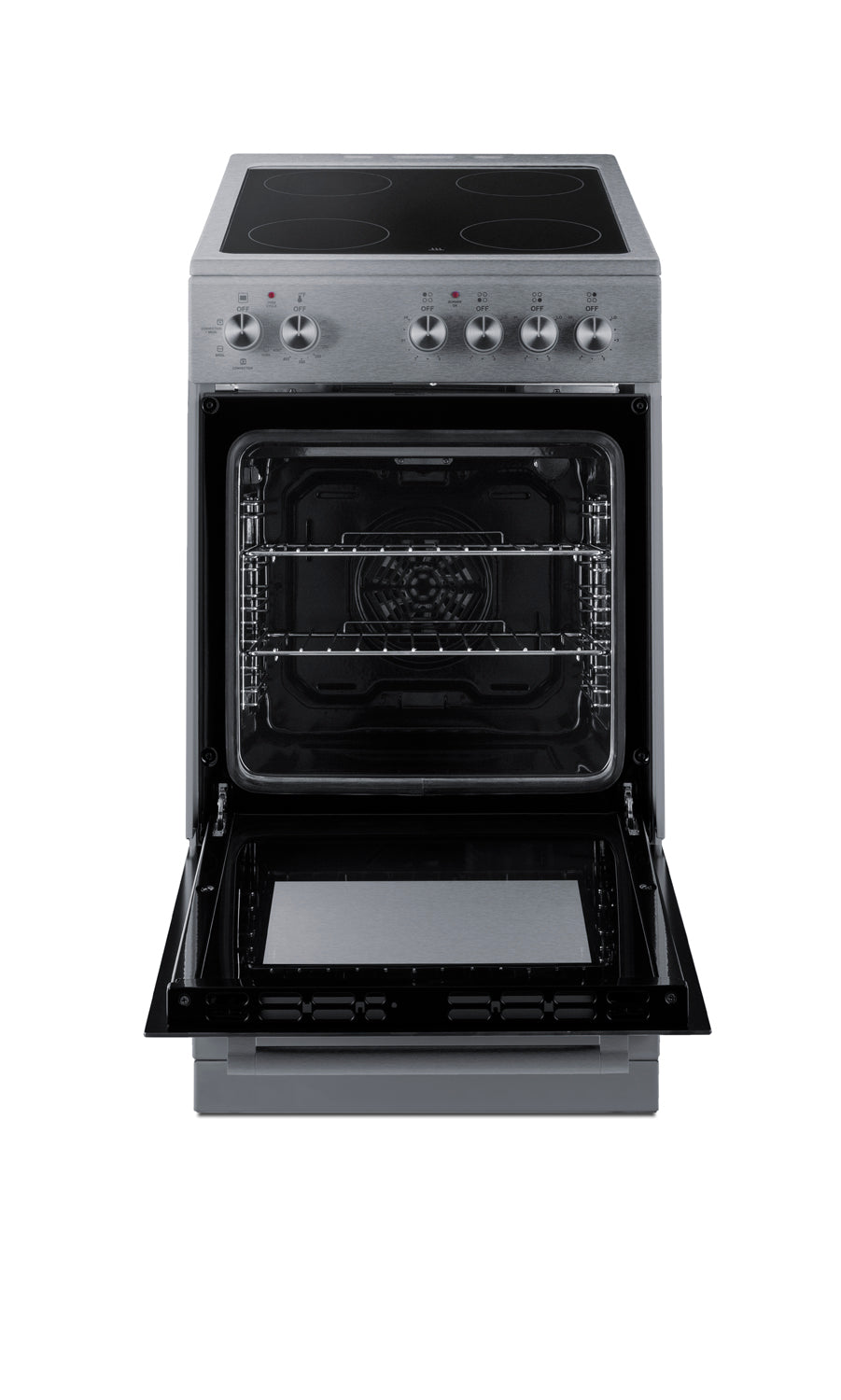 Electric range with stainless steel finish, smooth cooktop, control knobs, and open oven door from Ranges & Kitchenware collections
