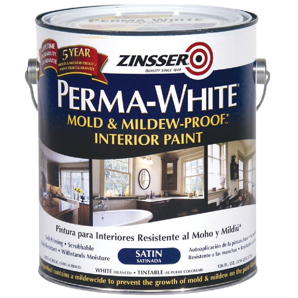 1-gallon container of mold and mildew resistant interior satin paint for home improvement and specialty finishes