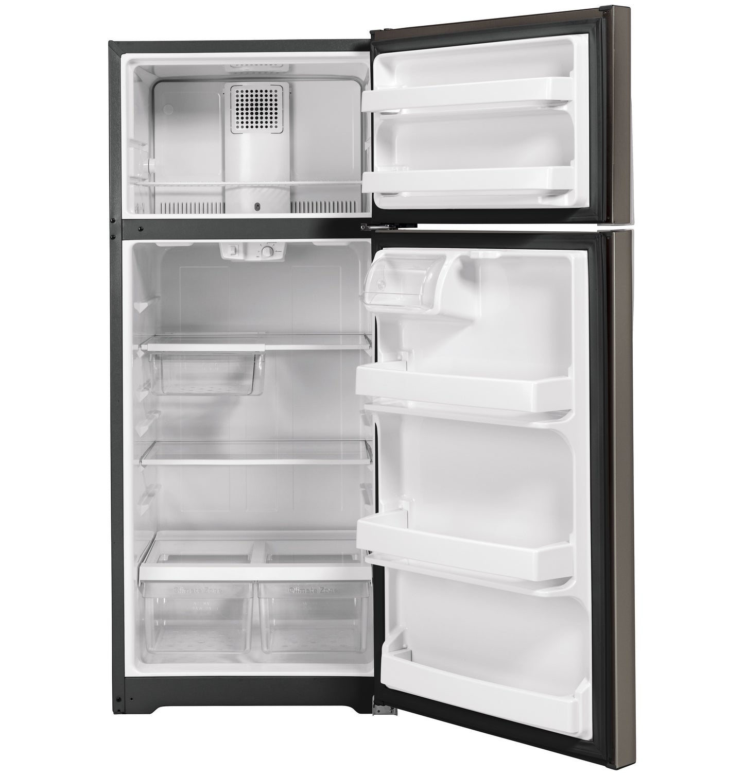 Open black top-freezer refrigerator showing clean interior with adjustable shelves and clear crisper drawers from Refrigerators collection