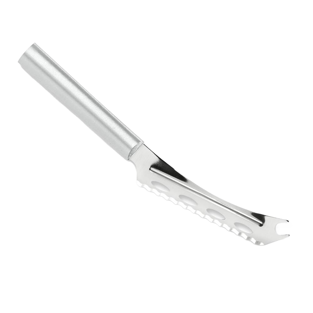 Stainless steel serrated knife with curved blade and perforations, durable kitchen utensil for cutting soft or hard cheese under $50