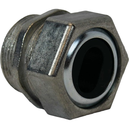Close-up of zinc cable connector with watertight seal for electrical and home improvement applications