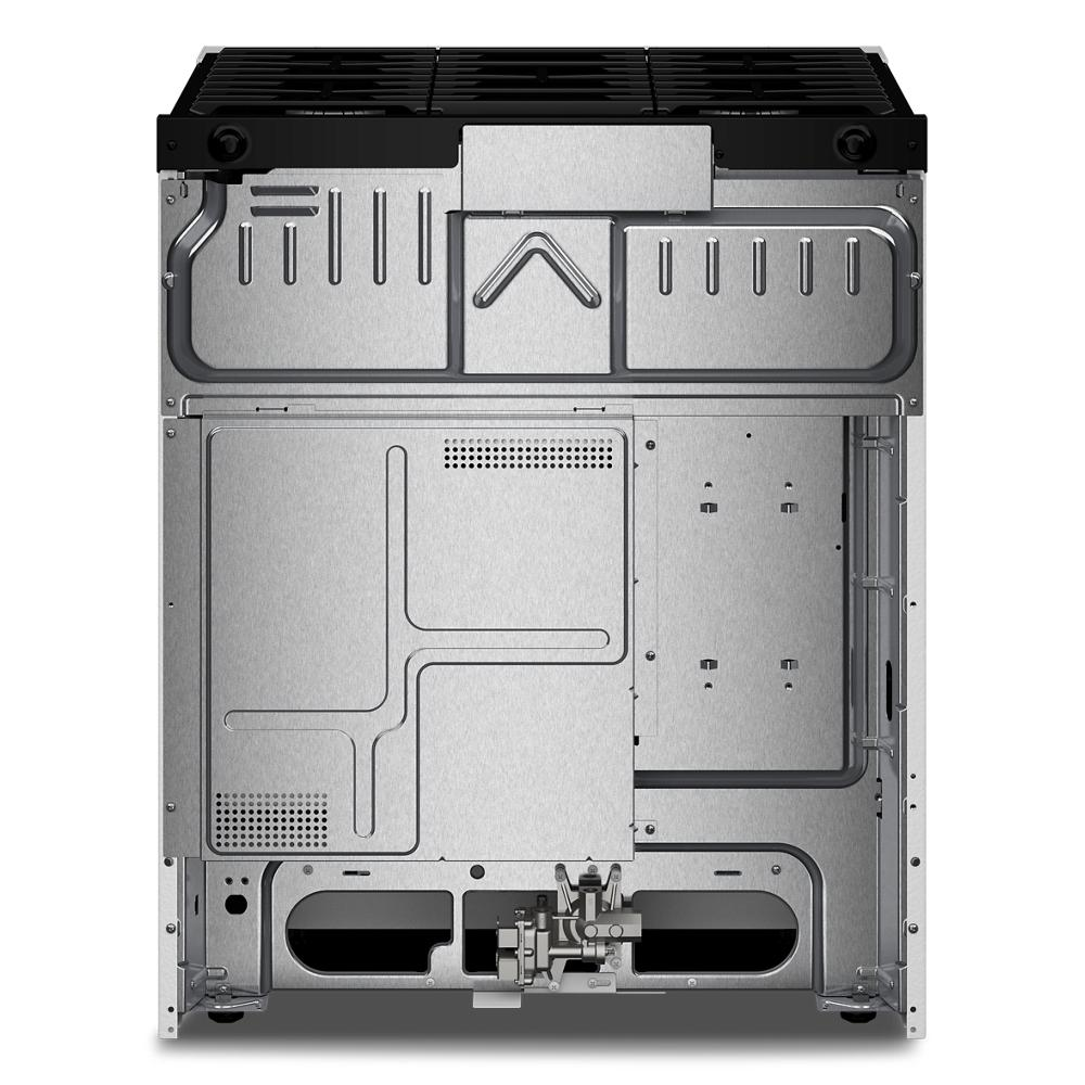 Rear view of a 30-inch gas smart range showcasing the metal back panel, ventilation slots, and connection ports, ideal for ranges and home improvement.
