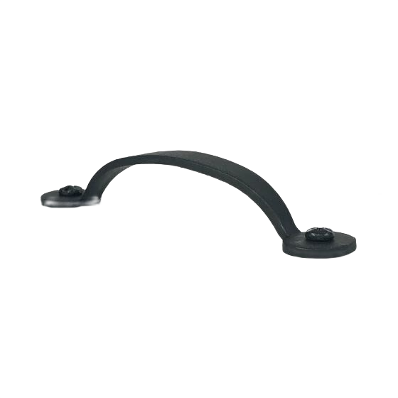 Black iron cabinet pull with smooth curved design and mounting screws for hardware and home improvement projects