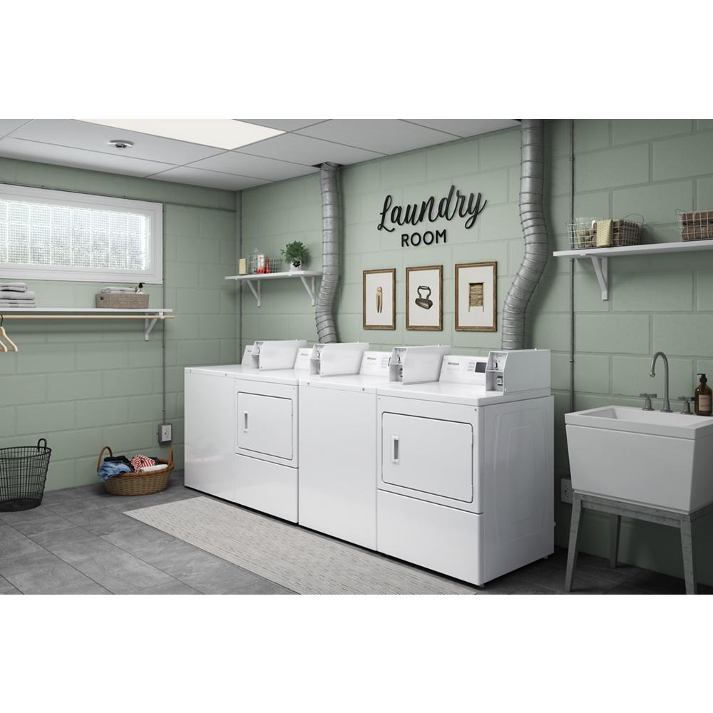 Laundry room featuring white commercial gas dryers with factory-installed coin drops and coin boxes in modern appliances setting