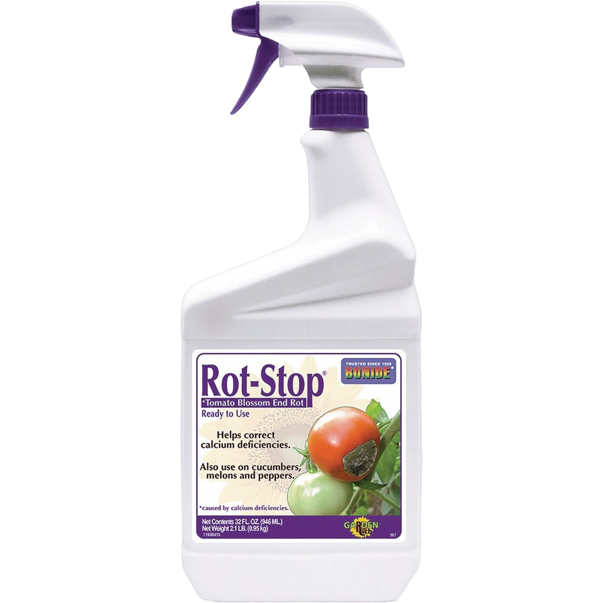 White spray bottle of Rot-Stop plant care spray for preventing blossom end rot in vegetables and garden plants