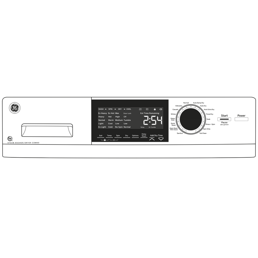 Control panel of white front load washer and condenser dryer combo with digital display and cycle settings from Washer/Dryer Combos collection