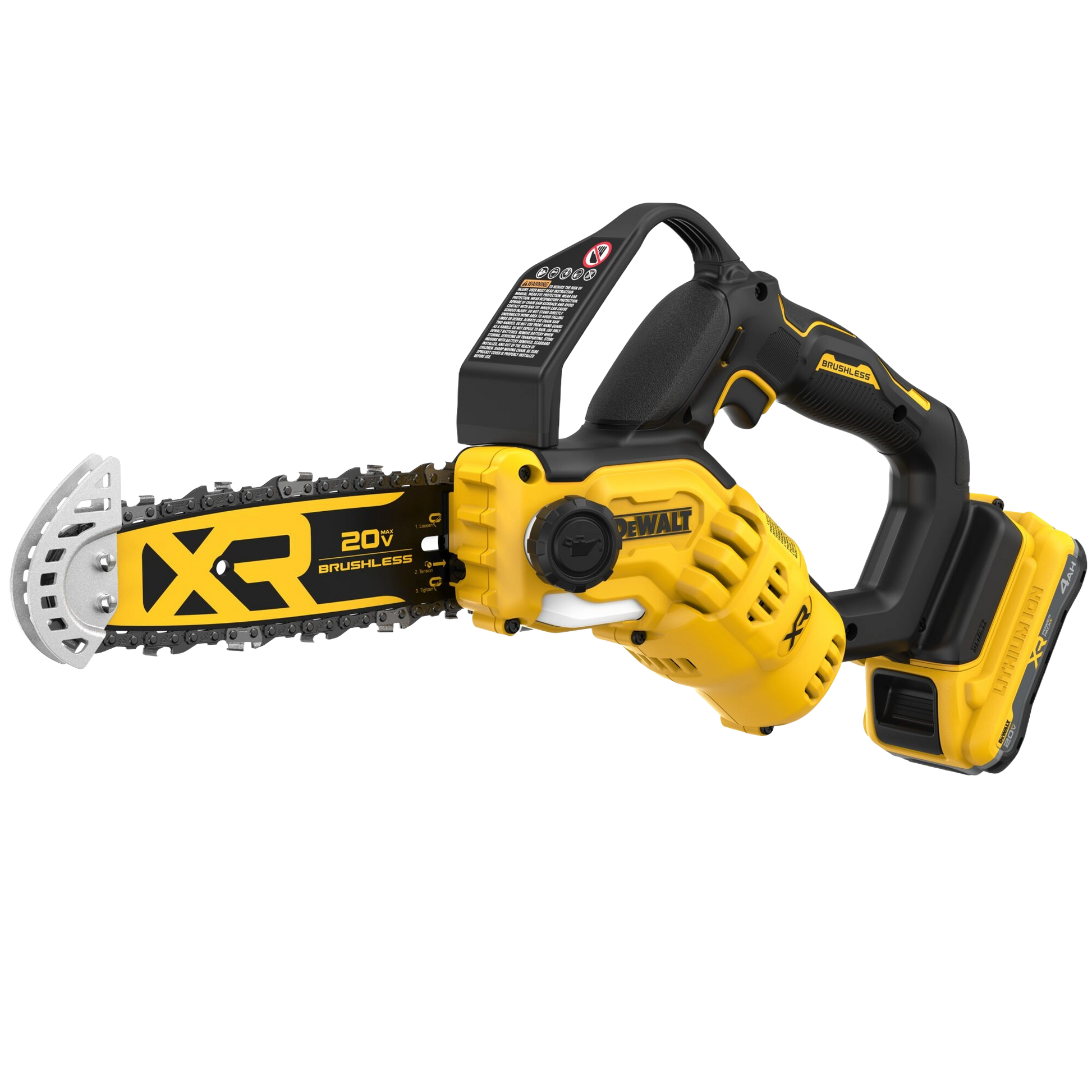 Compact cordless pruning chainsaw with brushless motor, ergonomic handle, and 20V battery, designed for efficient outdoor power tasks in lawn and garden care.