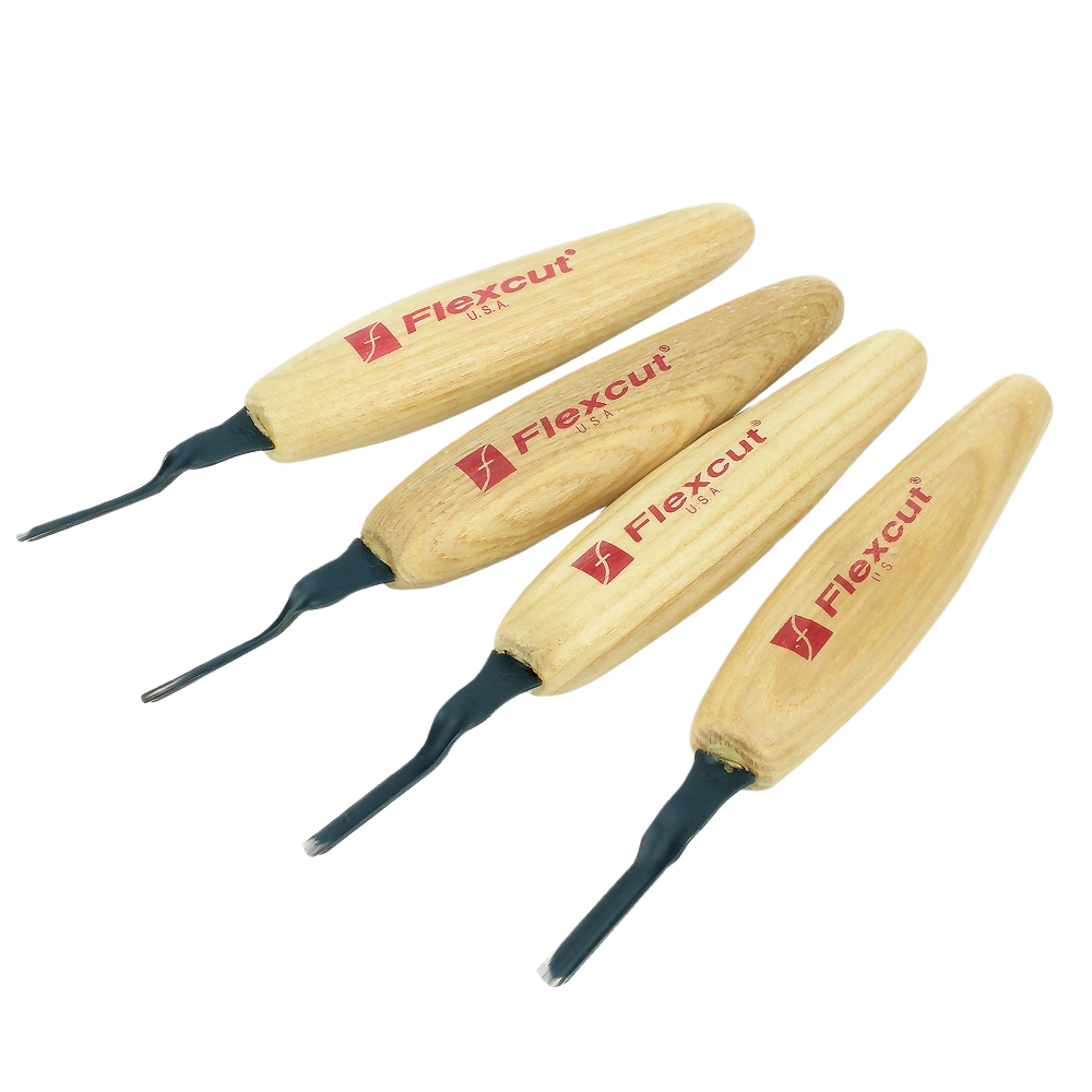 Set of four micro carving tools with wooden handles for precision detail work in woodworking and home improvement projects