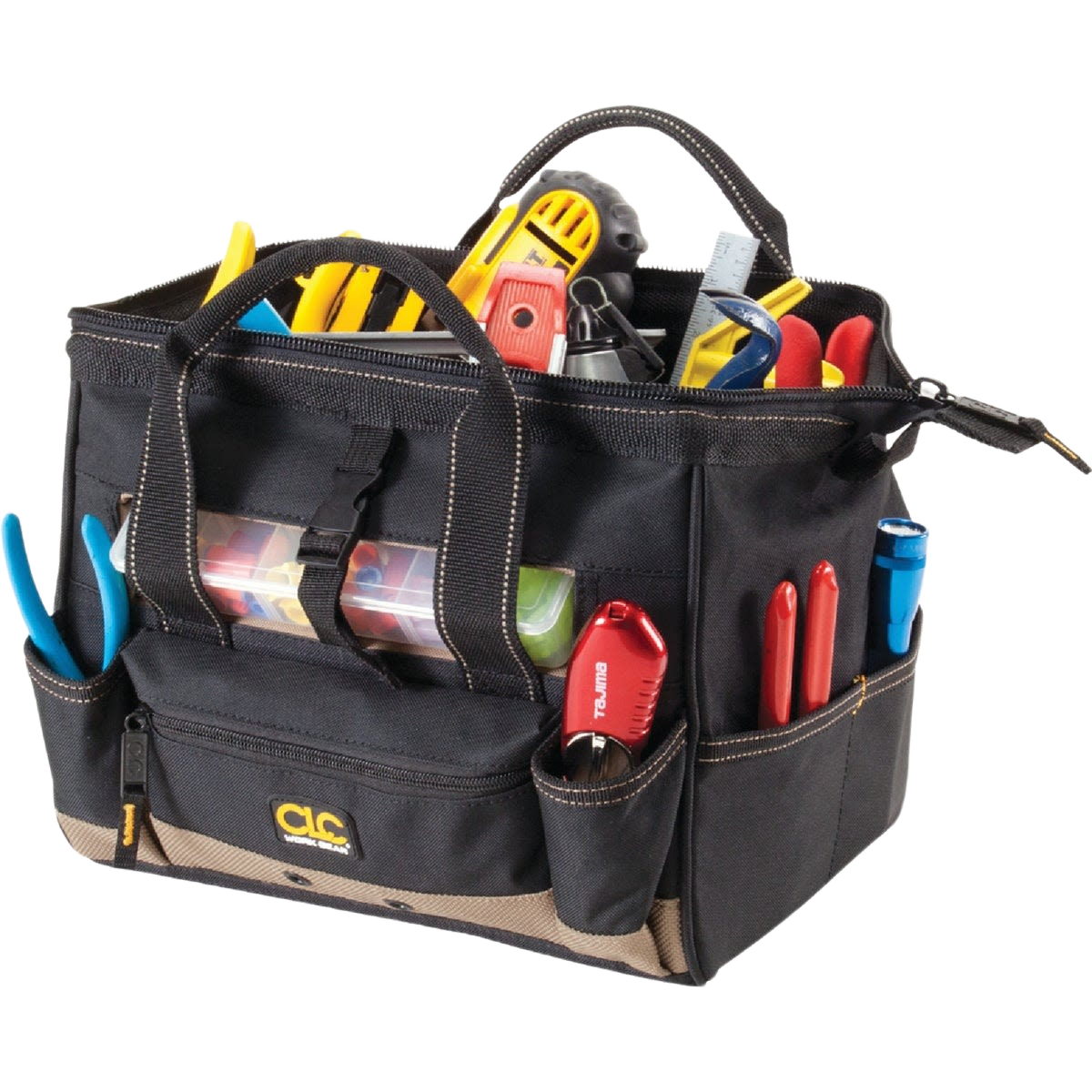 Durable black tool bag with multiple pockets and top tray, holding hand tools for woodworking and home improvement tasks