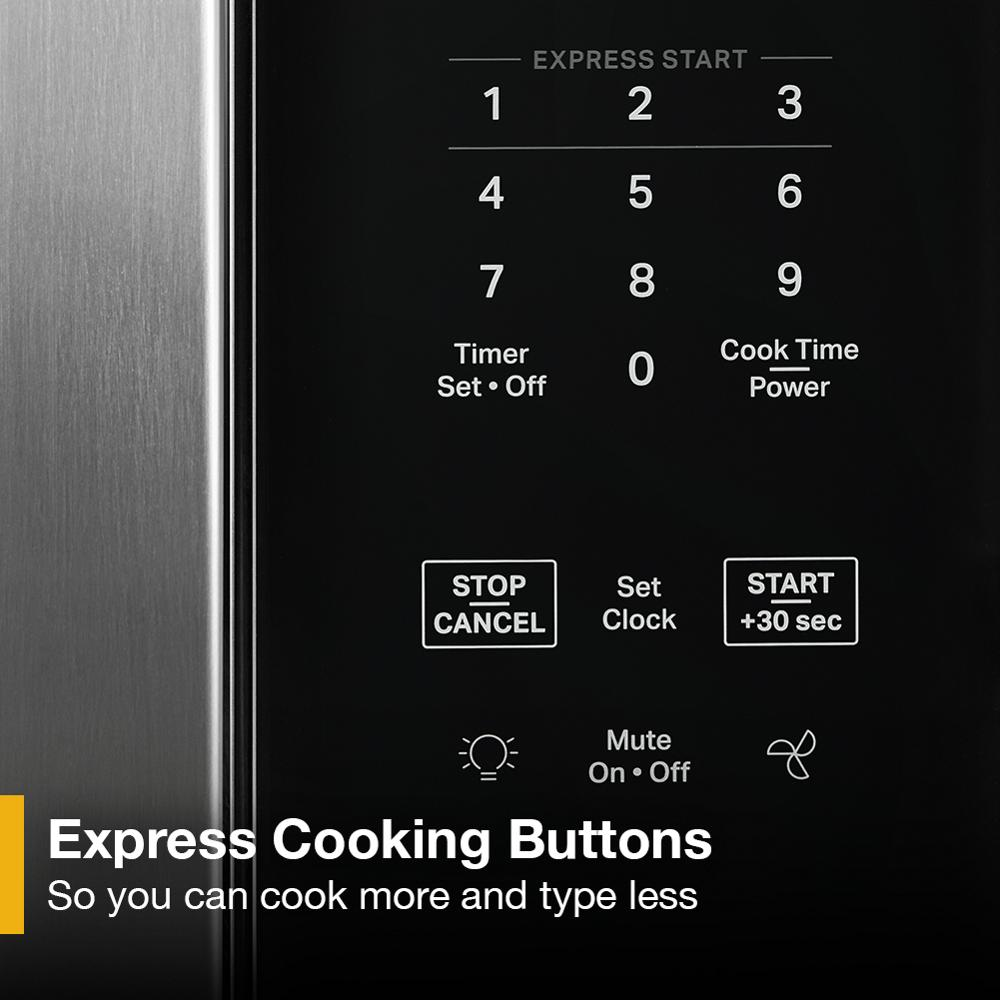 Close-up of black microwave control panel with express cooking buttons, timer, start, stop, and mute functions visible
