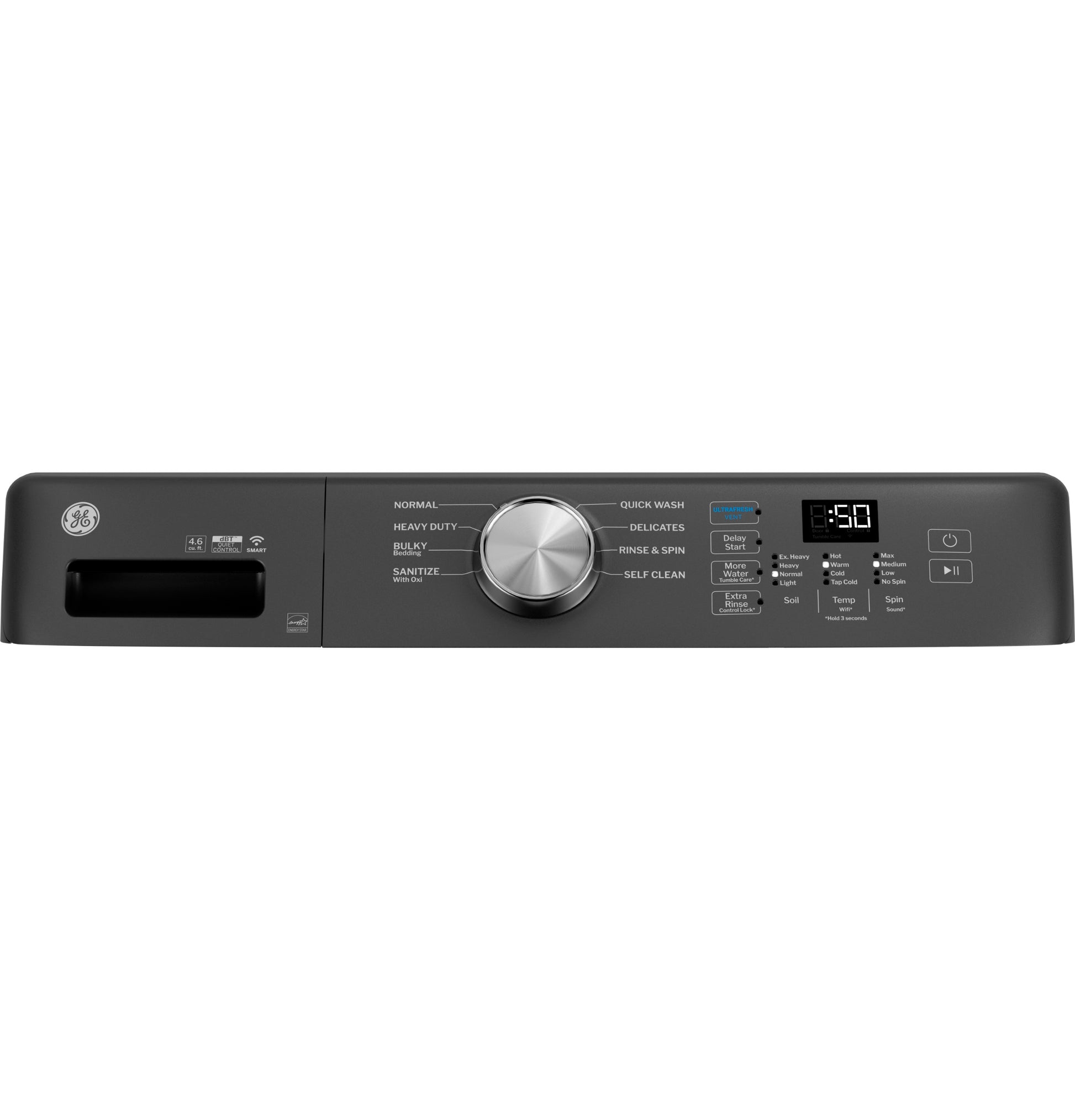 Control panel close-up of black smart front load washer featuring cycle selector knob, digital display, and touch buttons